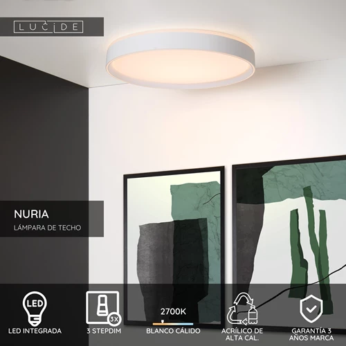 Lucide NURIA - Lámpara de techo - Ø 50 cm - LED 3 StepDim - 1x36W 2700K - Blanco - USP
